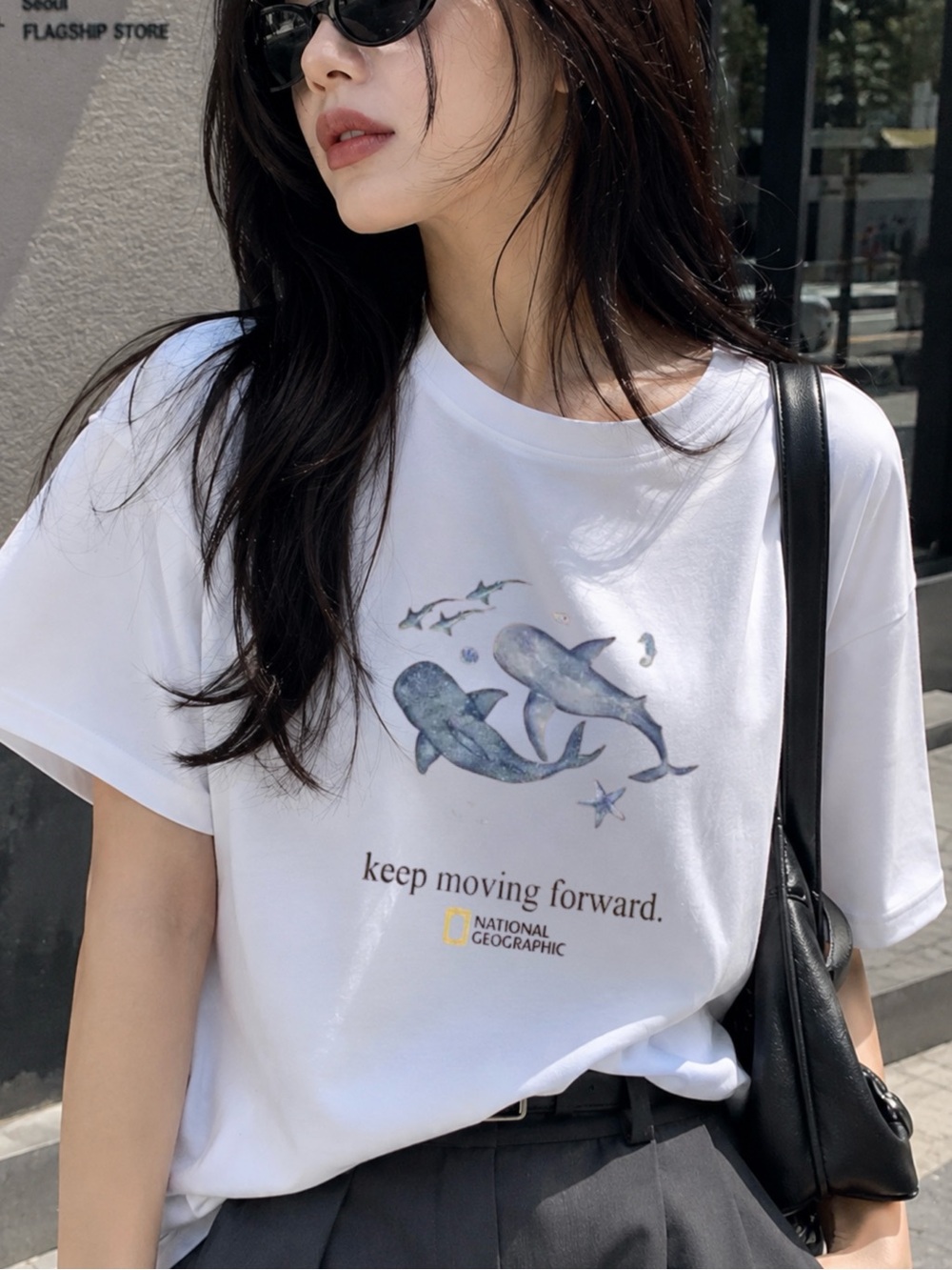 National Geographic Whale Keep Moving Forward Nature Coastal Graphic Tee Shirt
